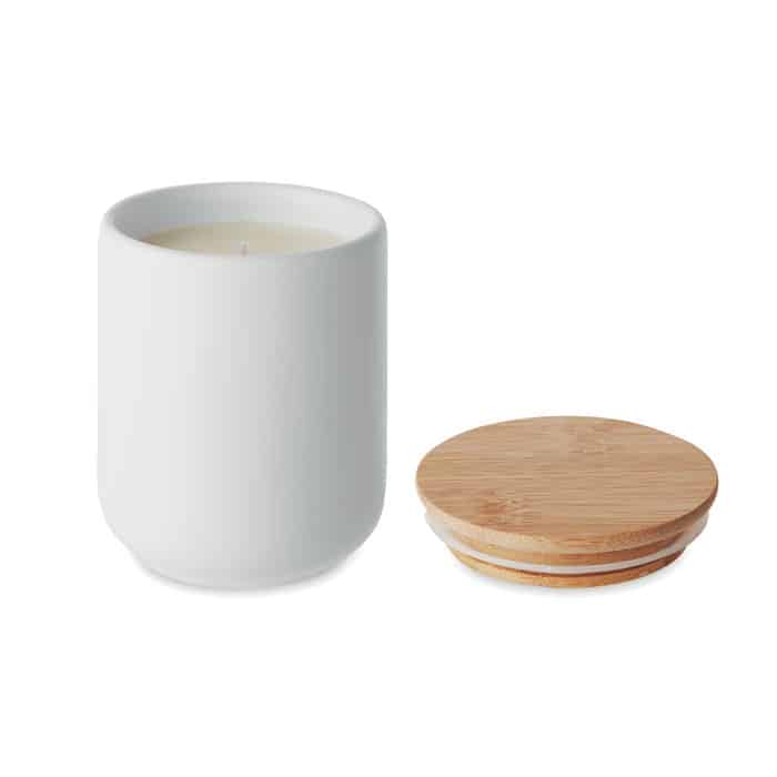 plant-based Wax Candle 200g - Fresh Linen Scent, Stoneware Jar with Bamboo