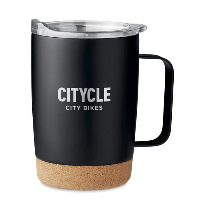 Double Wall Mug 300ml with Cork Base - Stainless Steel, Sliding Sip Cover