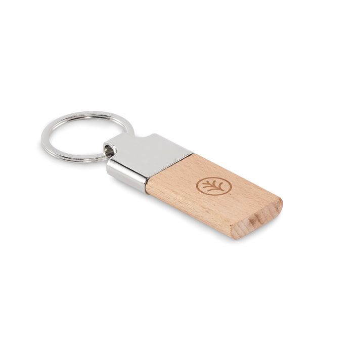 Rectangular Zinc Alloy Key Ring - Rubber Wood Inlay, 30mm x 15mm Branding