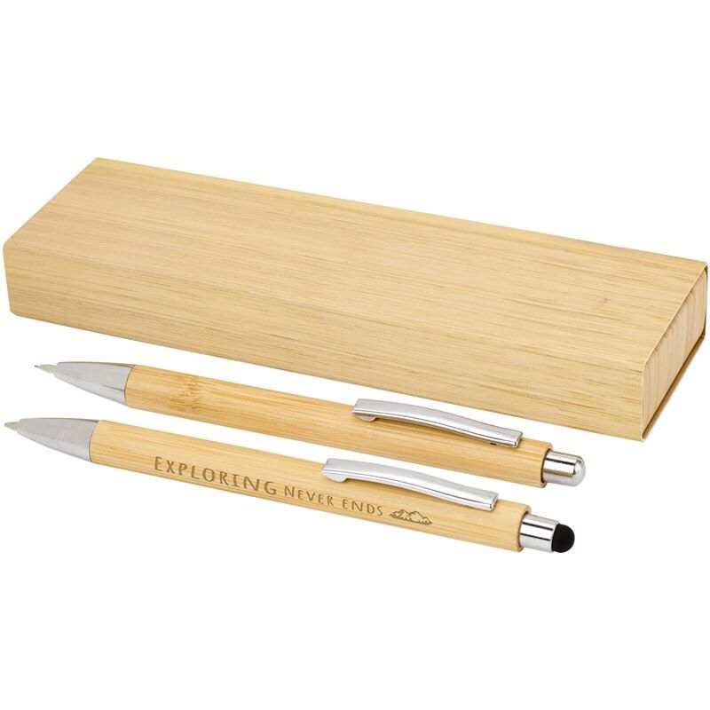 Oblys Bamboo Ballpoint Pen and Mechanical Pencil Set - FSC Certified, Black Ink, Chrome