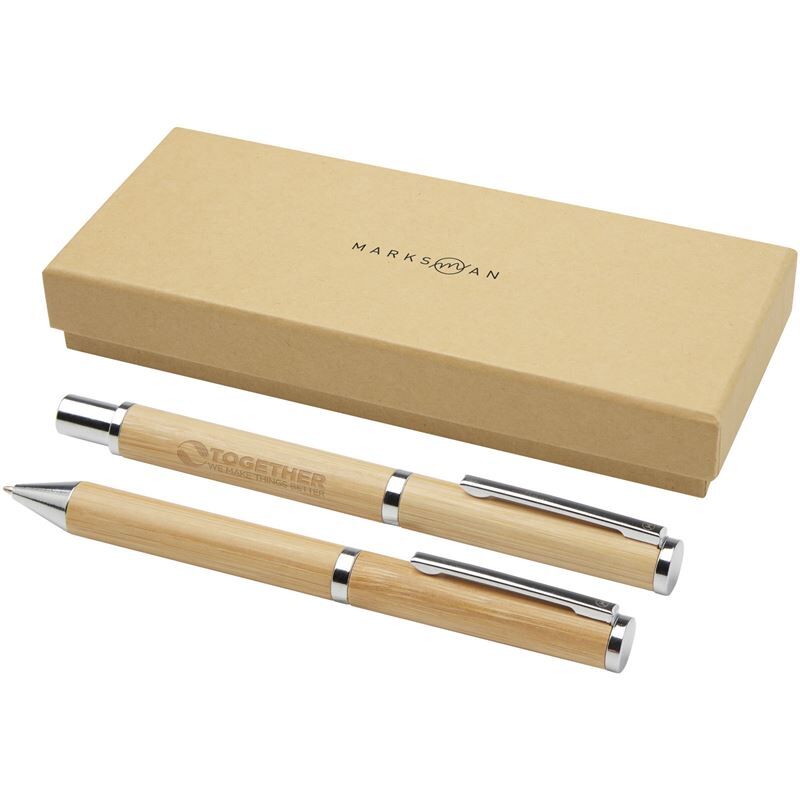 Apolys Bamboo and Recycled Brass Pen Gift Set - Black Ink, Eco-Friendly, 16.8cm Box