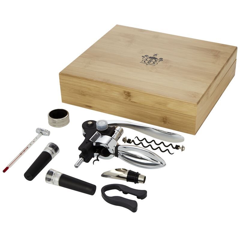 Malbick 9-piece Wine Set - Stainless Steel & Bamboo - Sustainable Gift Box Included
