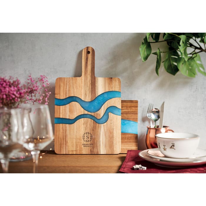 Acacia Wood Serving Board - Epoxy Resin Detail and Handle, Natural Finish
