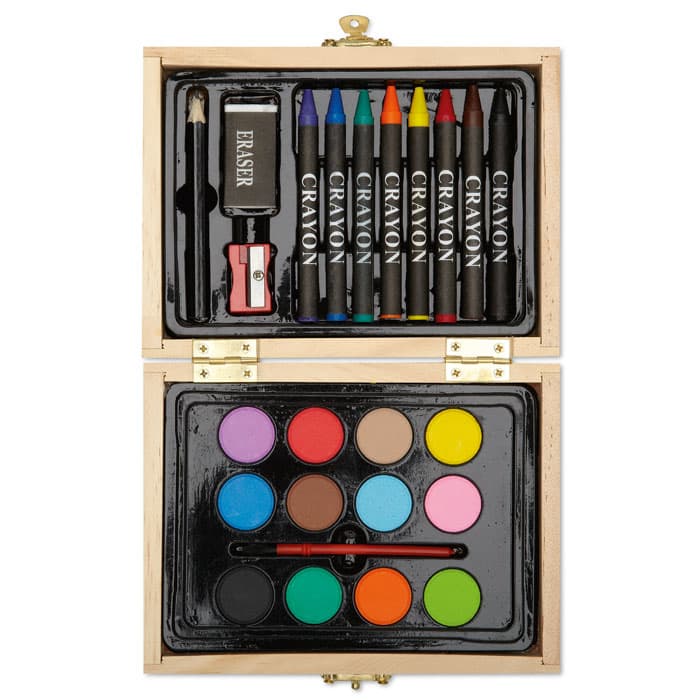 Painting Set in Wooden Box - 12 Watercolours, 8 Crayons, 100mm x 120mm